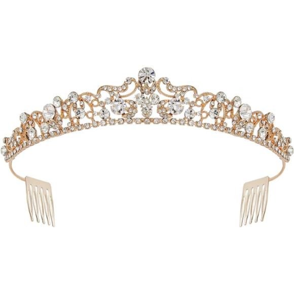 Rose Gold Wedding Tiaras and Crowns with Side Comb, Rhinestone Bridal Crown main image 5